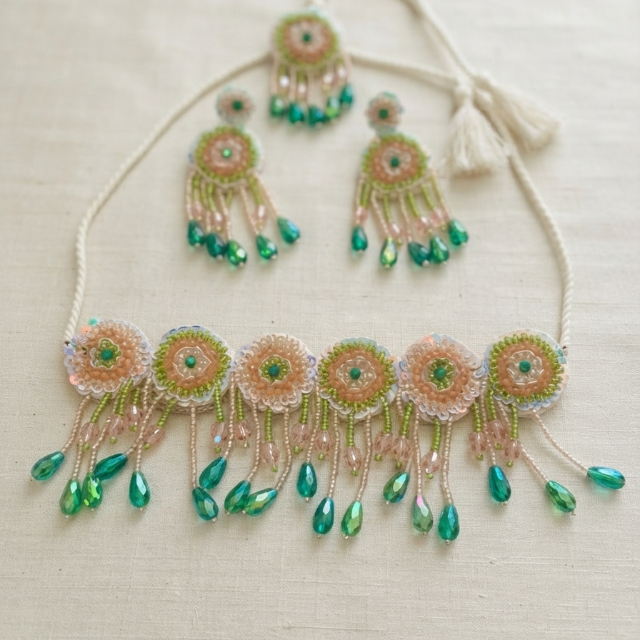 Handmade Crystal Drop Green Haldi Jewellery Set