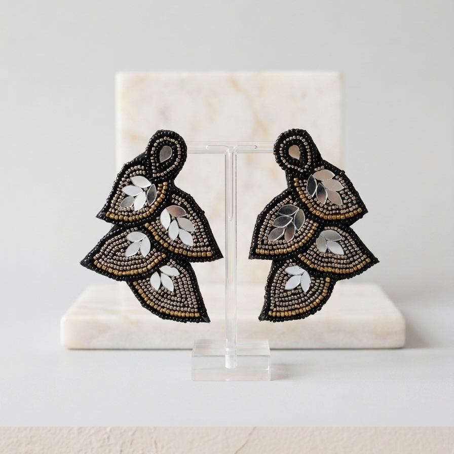 Handmade Beaded Leaf Shaped Earrings