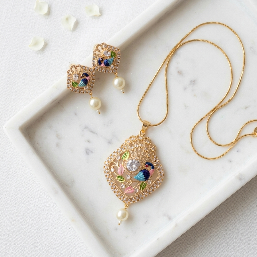 Peacock with Pearl Drop Pendant Set