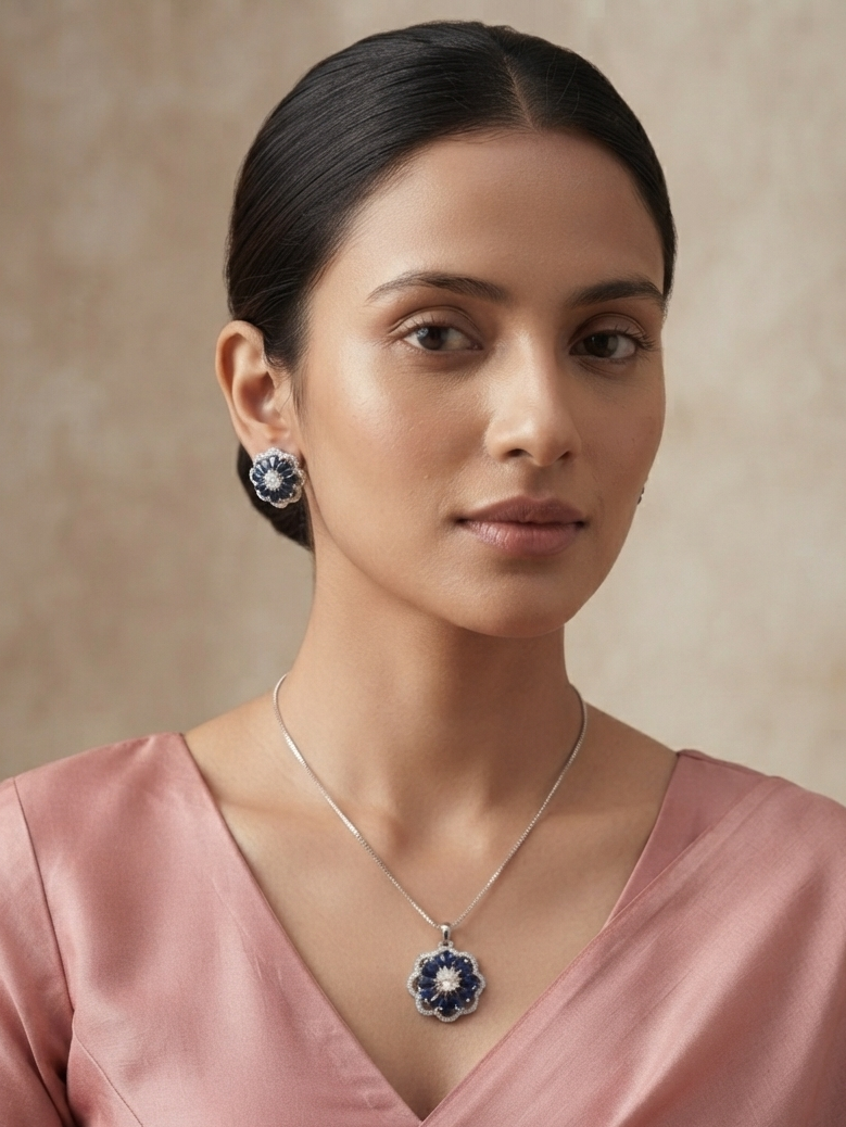 Meraki Blue Lace Agate & Sapphire Color Circle Pendant Set