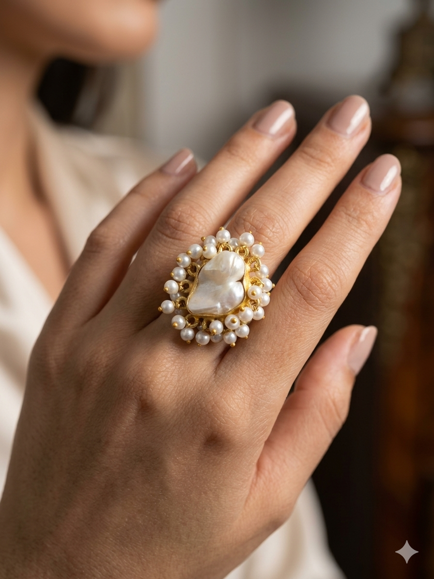 Meraki White Stone Pearl Studded Adjustable Ring