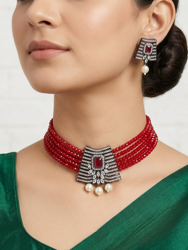 Meraki Red Choker Set with Pearl Drop