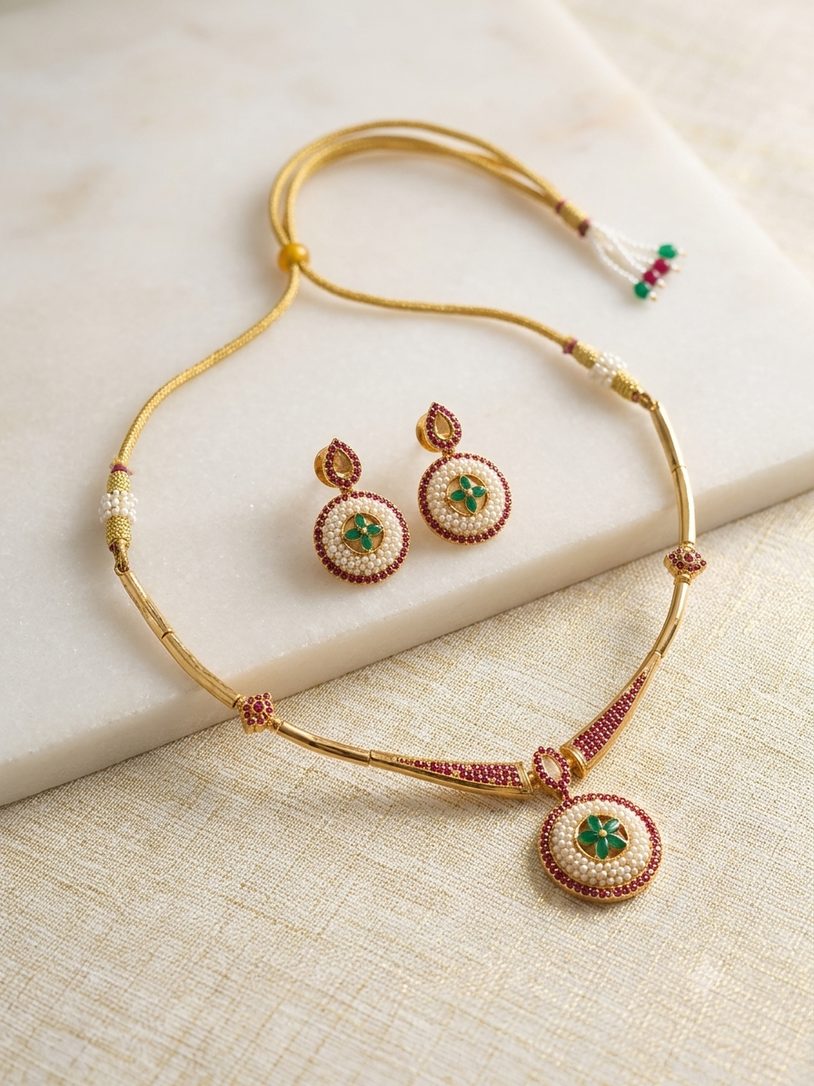 Meraki Necklace Pearl Emerald Ruby Studded Choker Set