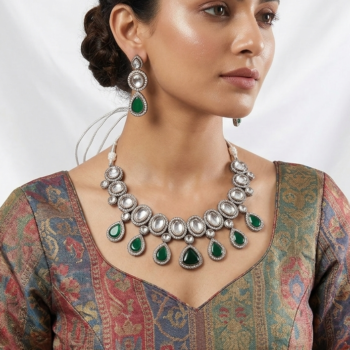 Kundan Polki Plated Emerald Green Zirconia Droplet Necklace Set
