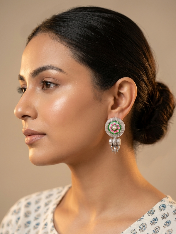 Oxidized Trisula Style Earring with Handprinted Floral Design