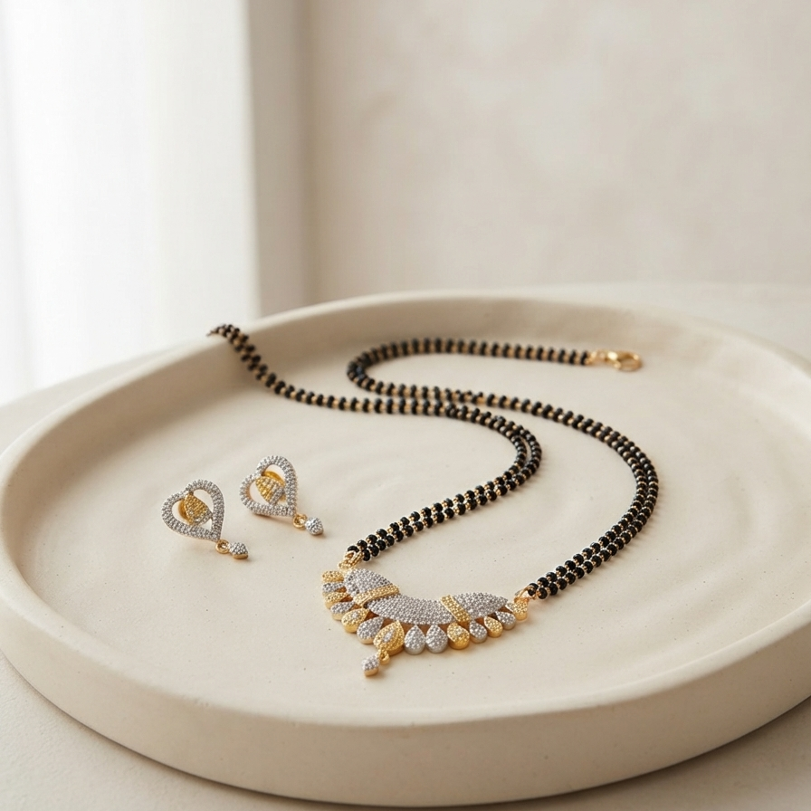 Gold And White Mangalsutra With Earrings