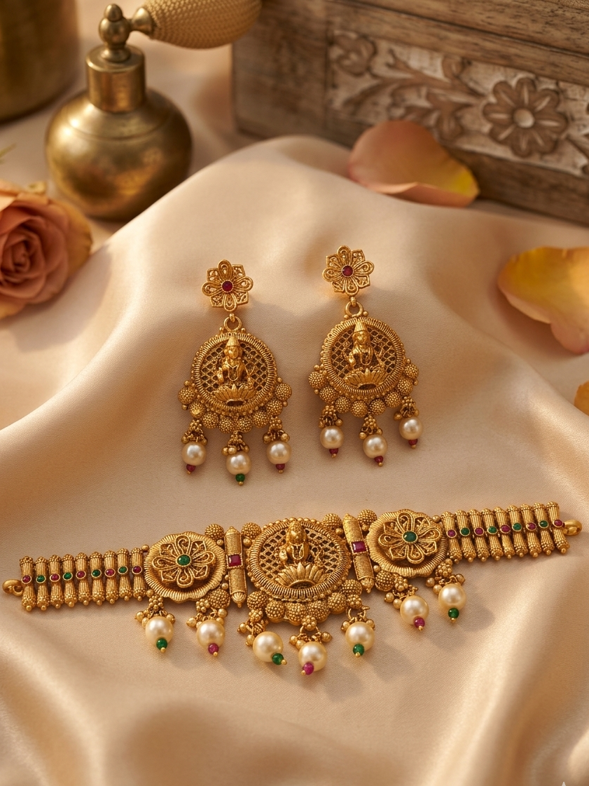 Meraki Gold Plated Flower Design Temple Jewelry Set