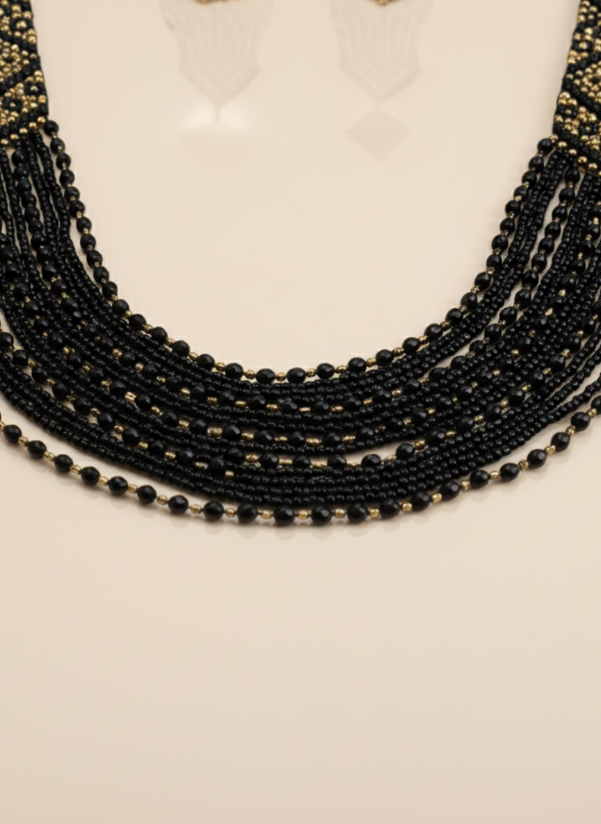 Flower Printed Beaded Layered Necklace