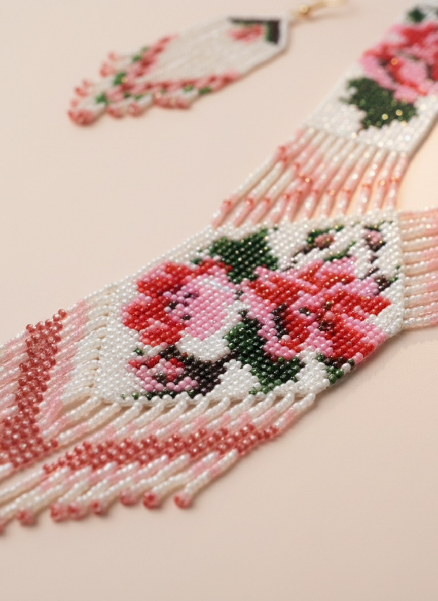 Pink-Green Flower Ukrainian Beads Necklace Set
