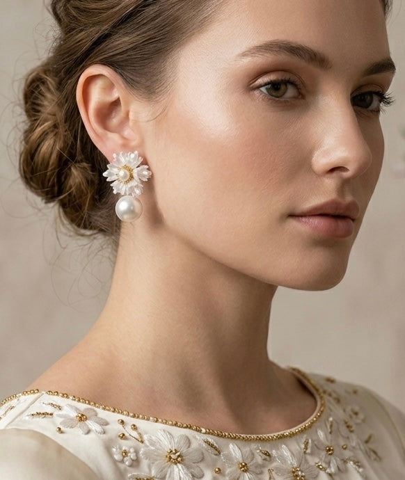 Flower Pearl Drop White Earrings