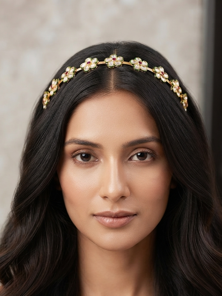 Meraki Gold Plated Traditional Floral Shaped Kundan Hairband/Matha Patti