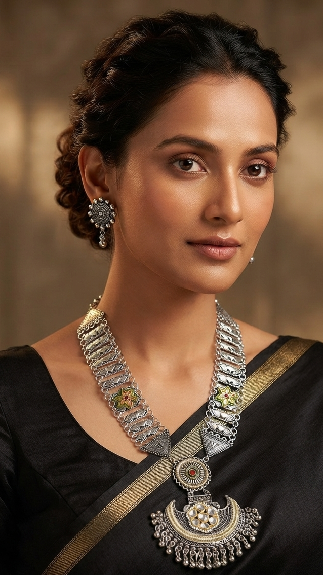 Flower Design Kundan & Oxidized Long Necklace Set