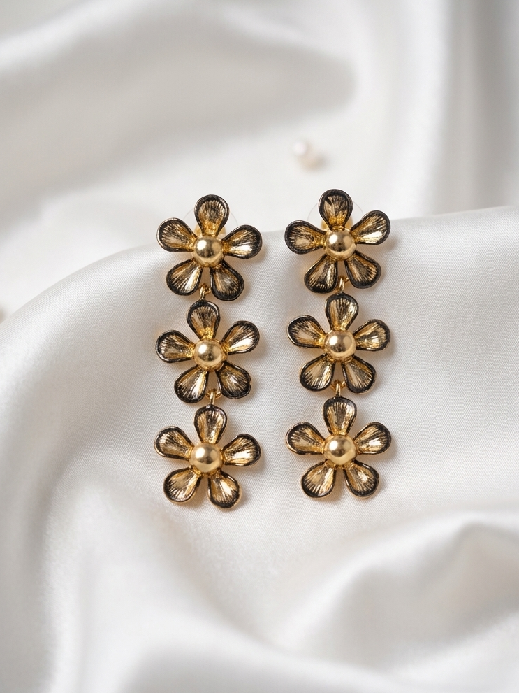 Floral Black And Gold long Korean Earrings