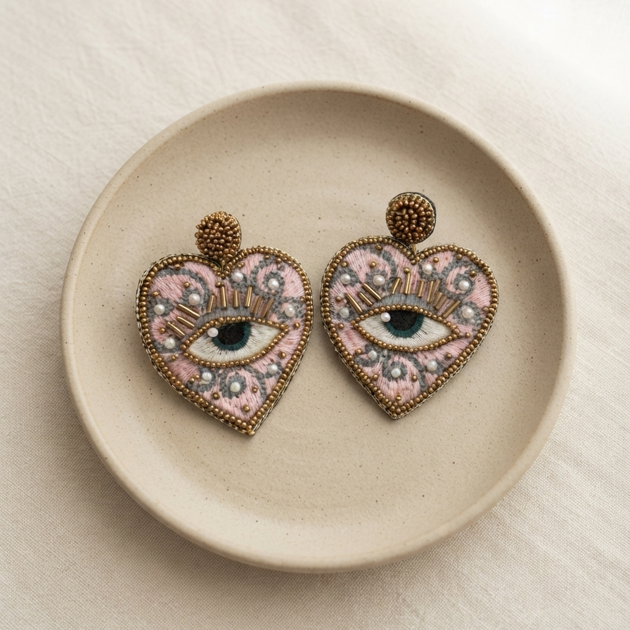 Pink Evil Eye Heart Handmade Earring