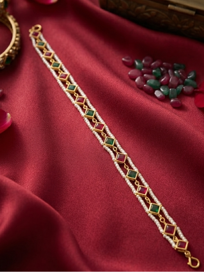 Meraki Gold Plated Square Magenta&Green Stone Mathapatti