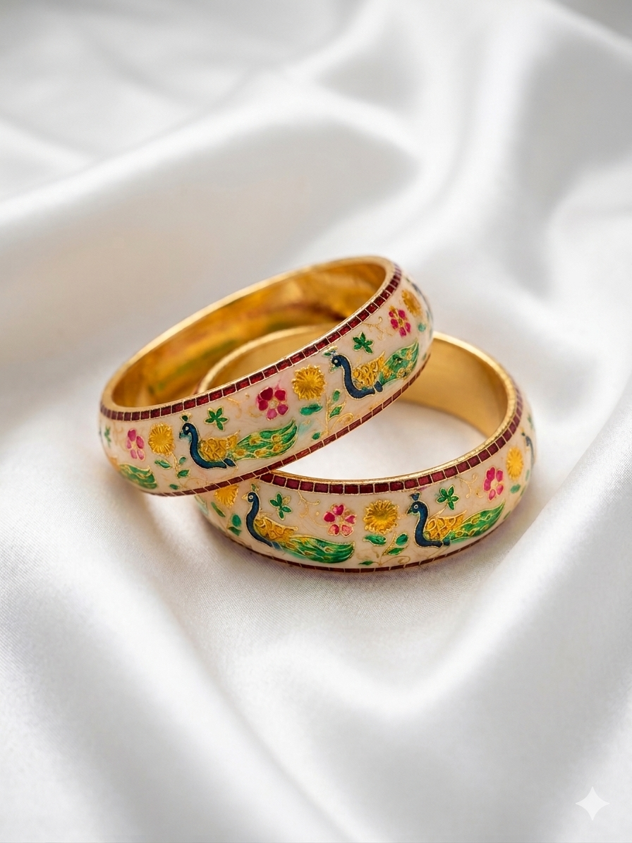 Peacock Design Meenakari White Bangles