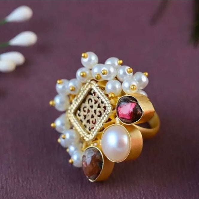 Meraki Gold Plated Ring With Pearl