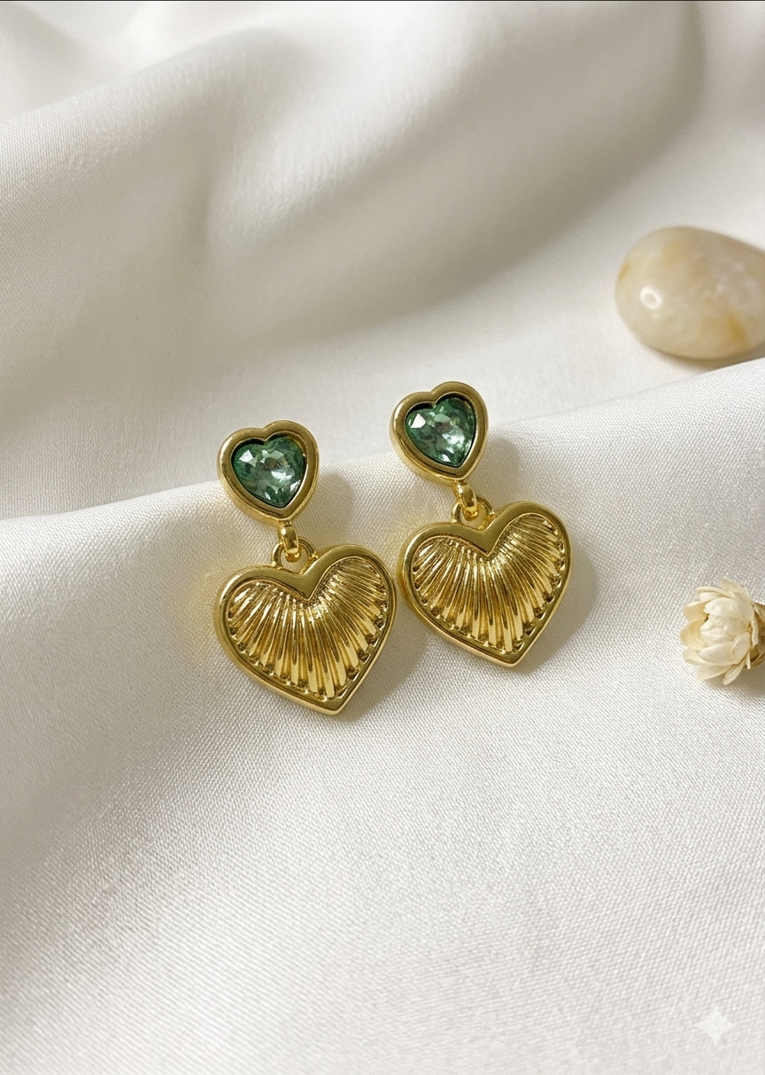 Dual Heart Green Stone Earrings