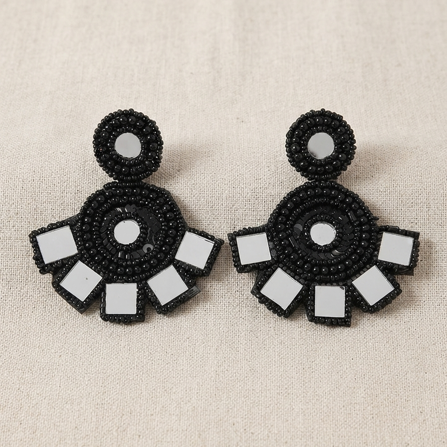 Black Beads Earrings With Mirror Work