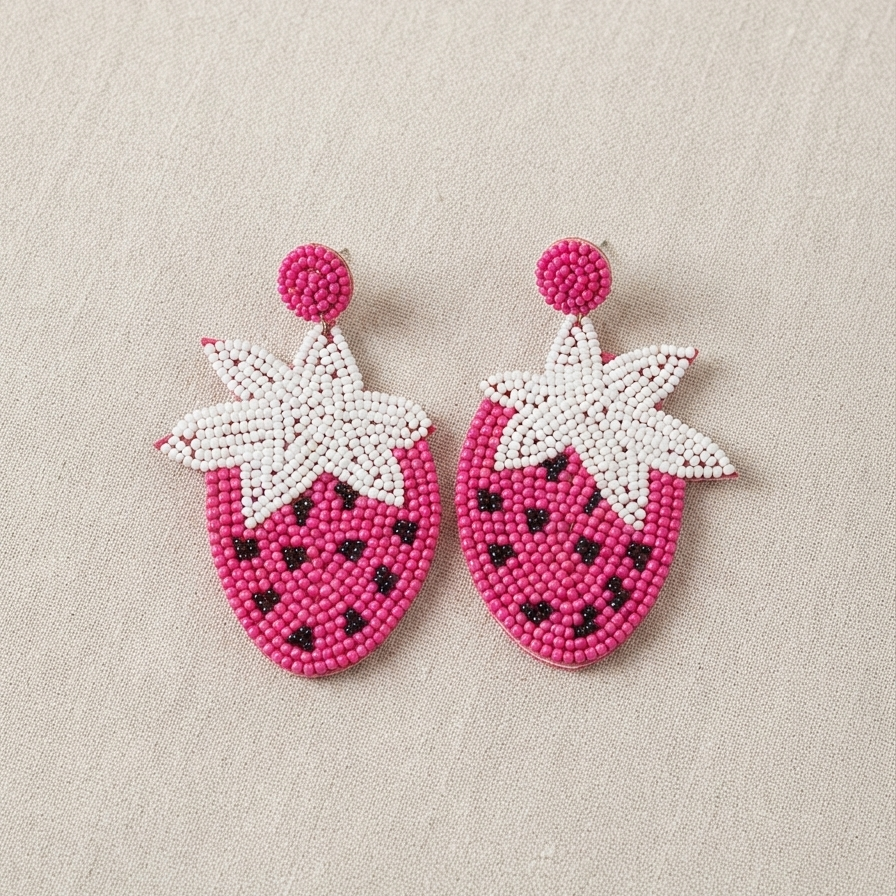 Pink Beaded Strawberry Earrings