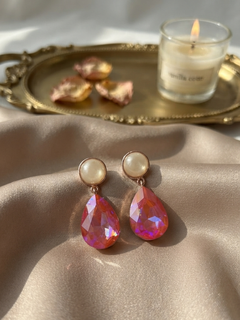 Oval Shaped Drop Pink Stone Earring