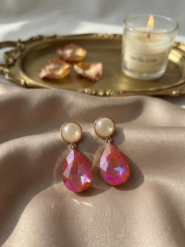 Oval Shaped Drop Pink Stone Earring