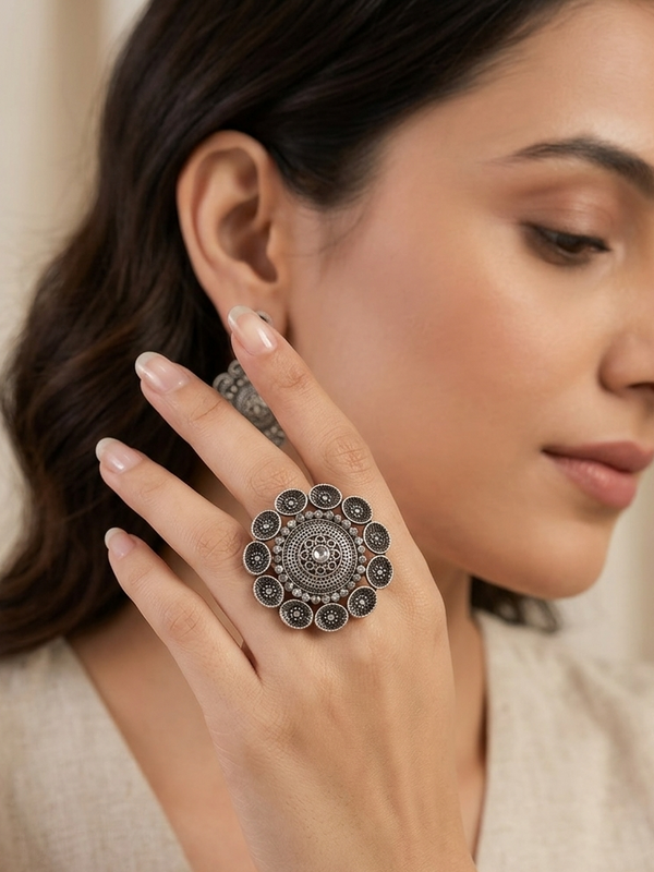 Silver Floral Oxidized Ring