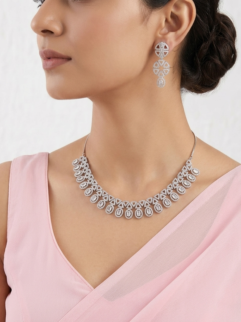 Beautiful Diamond Finished American Diamond choker with Earrings