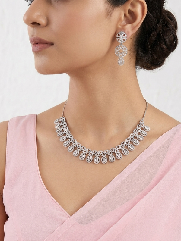 Beautiful Diamond Finished American Diamond choker with Earrings