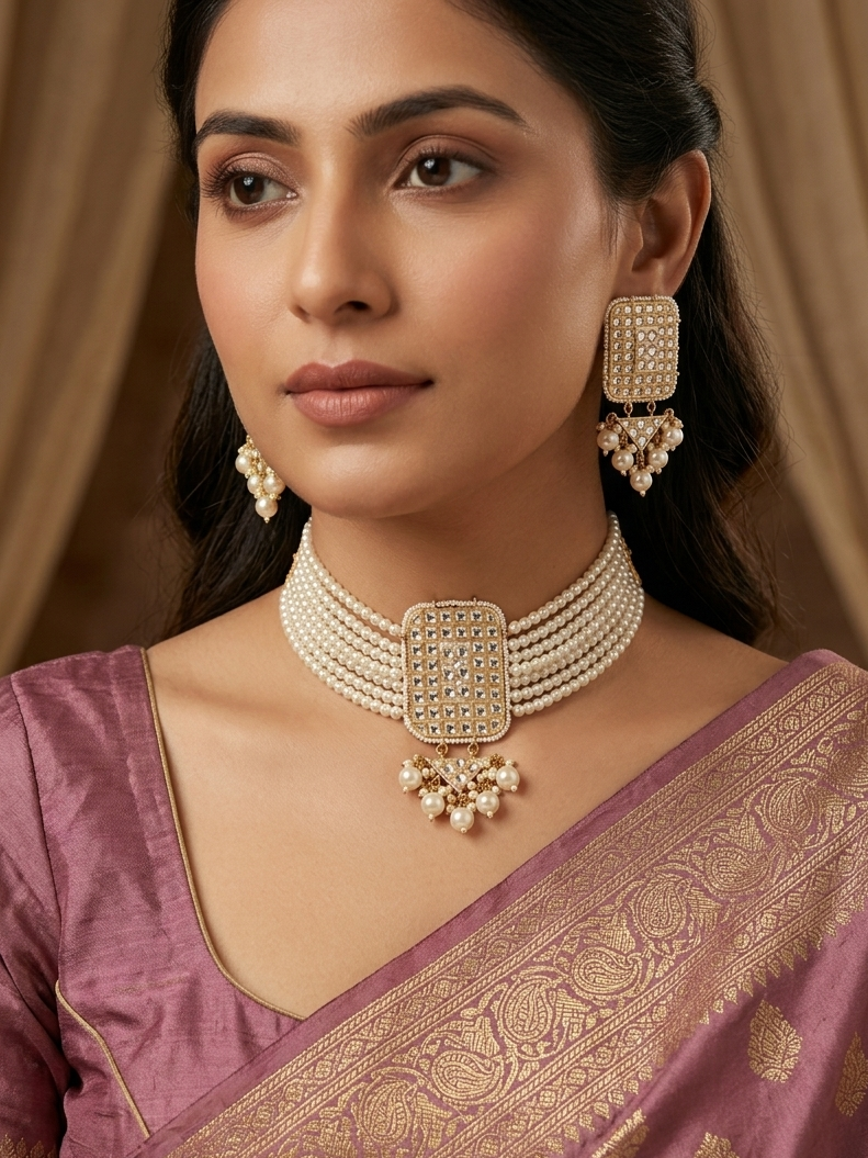 Stone & Pearl Beaded Choker Set