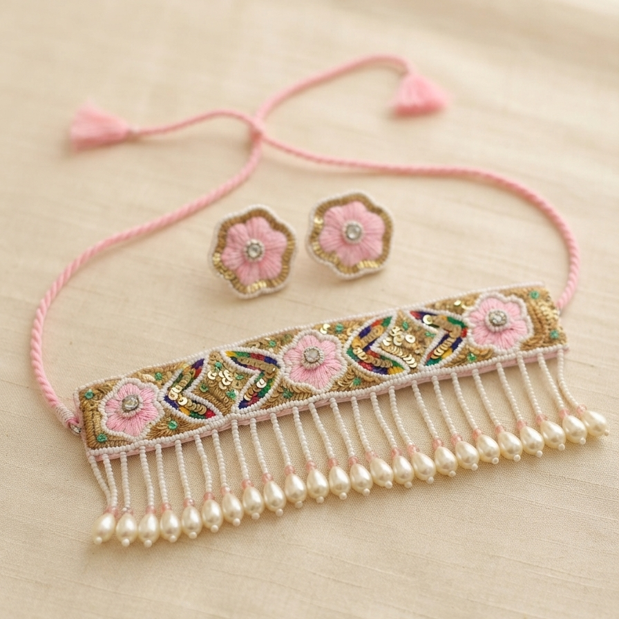 Beaded Pearl Choker Set for Haldi & Mehndi Occasions