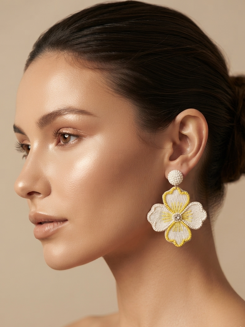 White And Yellow Beaded Fancy Earrings