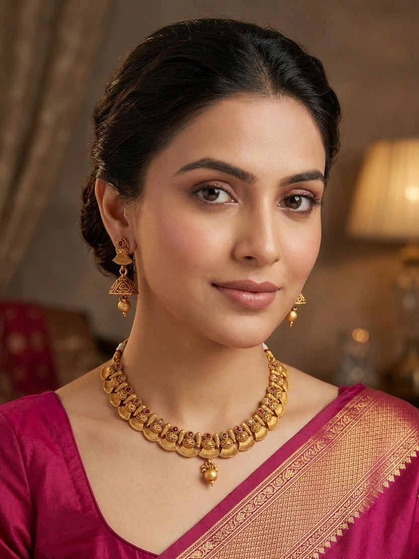 Meraki Lovely Designer Gold Plated Ruby Studded Kerala Style Necklace Set