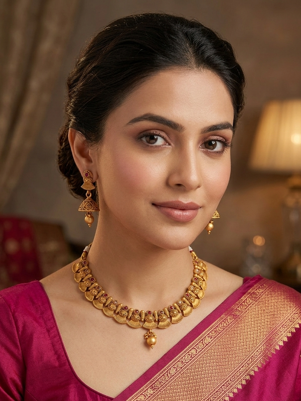 Meraki Lovely Designer Gold Plated Ruby Studded Kerala Style Necklace Set