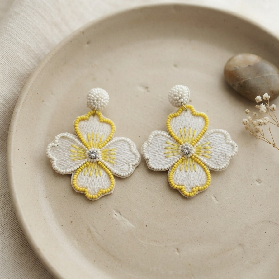 White And Yellow Beaded Fancy Earrings