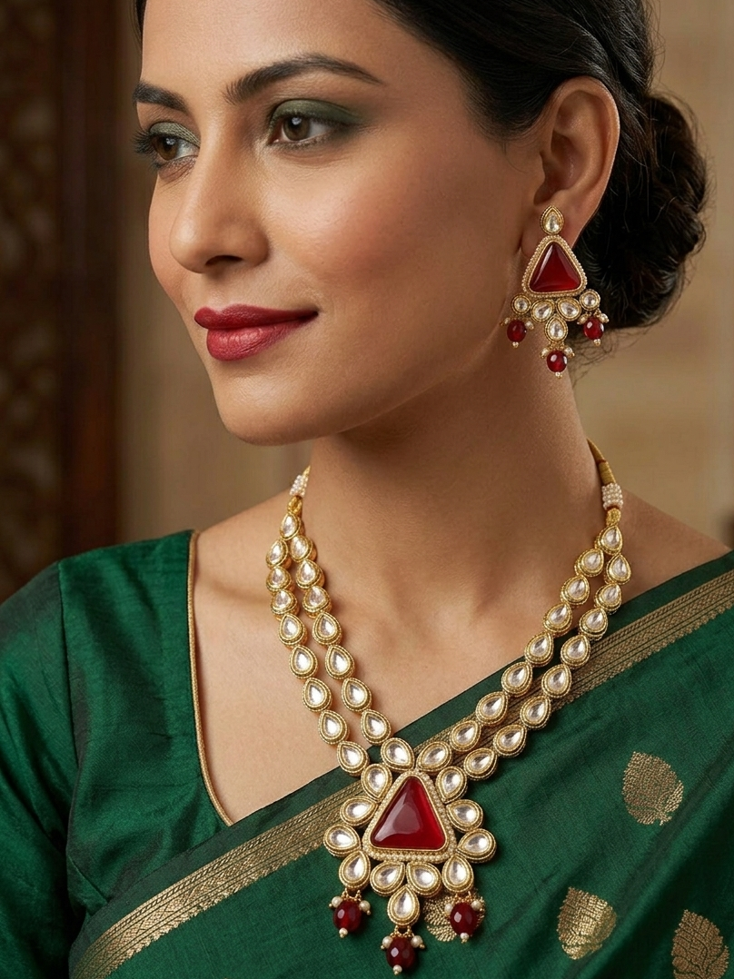Double Line Gold Plated Kundan Polki Maroon Necklace Set