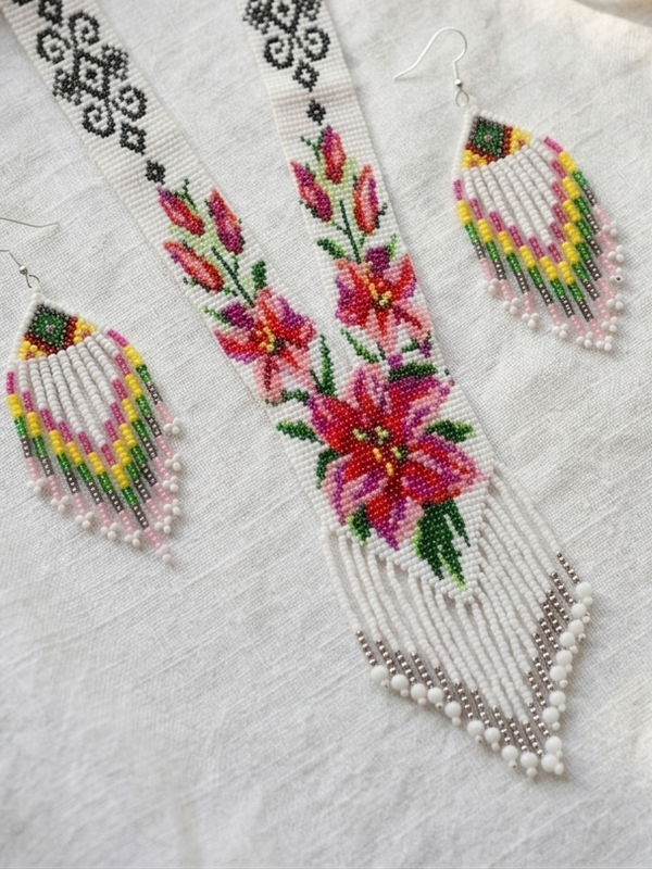 White Pink Beaded Handmade Neckpiece