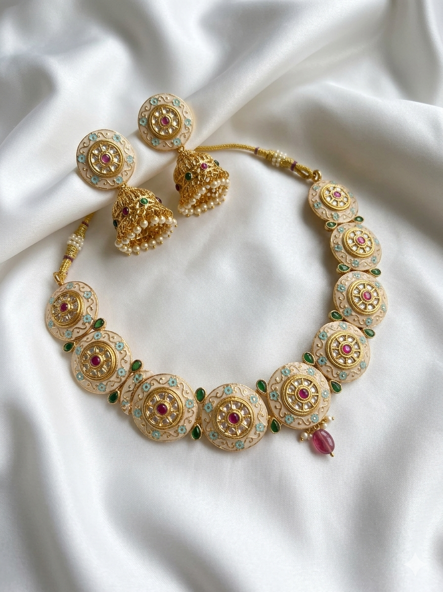 Meraki Antique Meenakari Polki Kundan Ruby studded Necklace with Matte Gold Plating Jhumkas Earrings