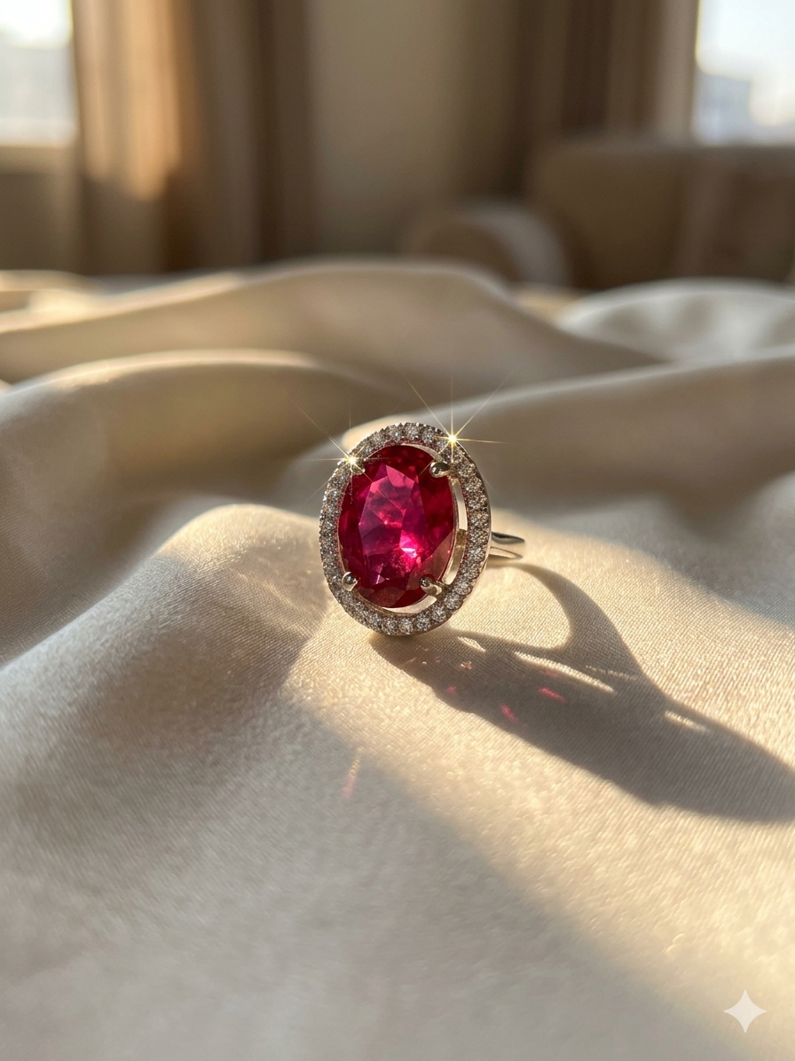 Sterling Wine Stone Diamond Ring