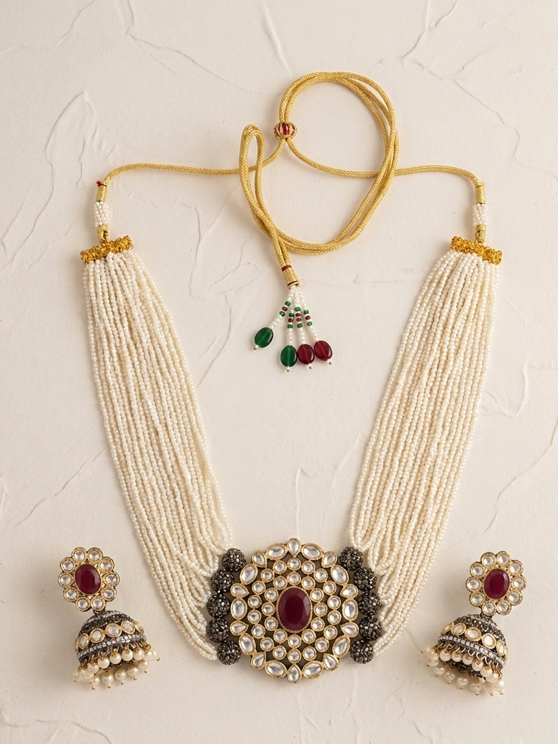 Meraki Gorgeous Pearl Nacklace Set with Kundan Stone