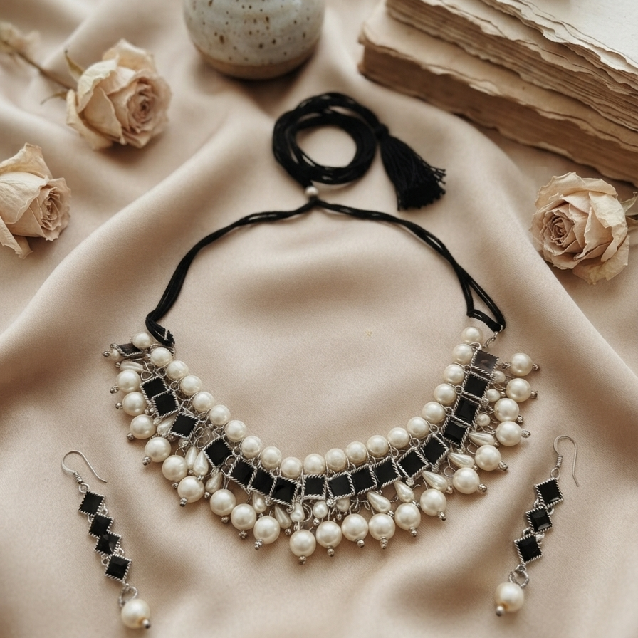 White Beads Round Pearl String Necklace with Earrings