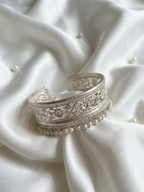 Pearl Beaded Floral Cuff Bracelet