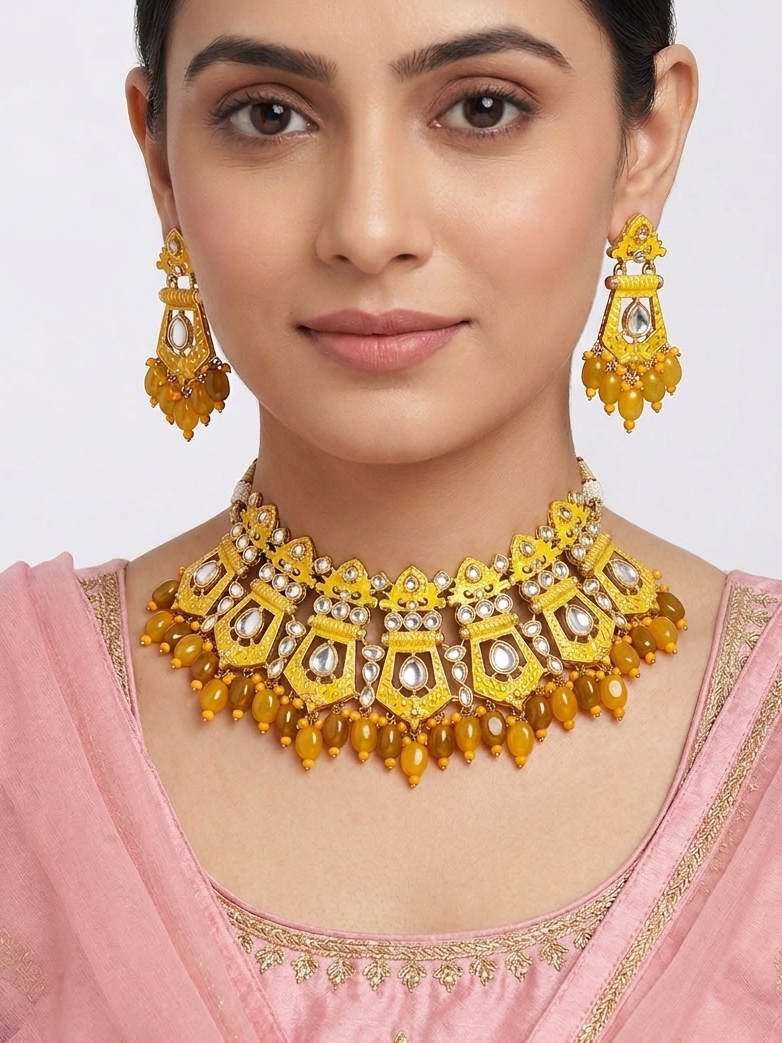 Meraki Yellow Kundan Choker with hanging Stones