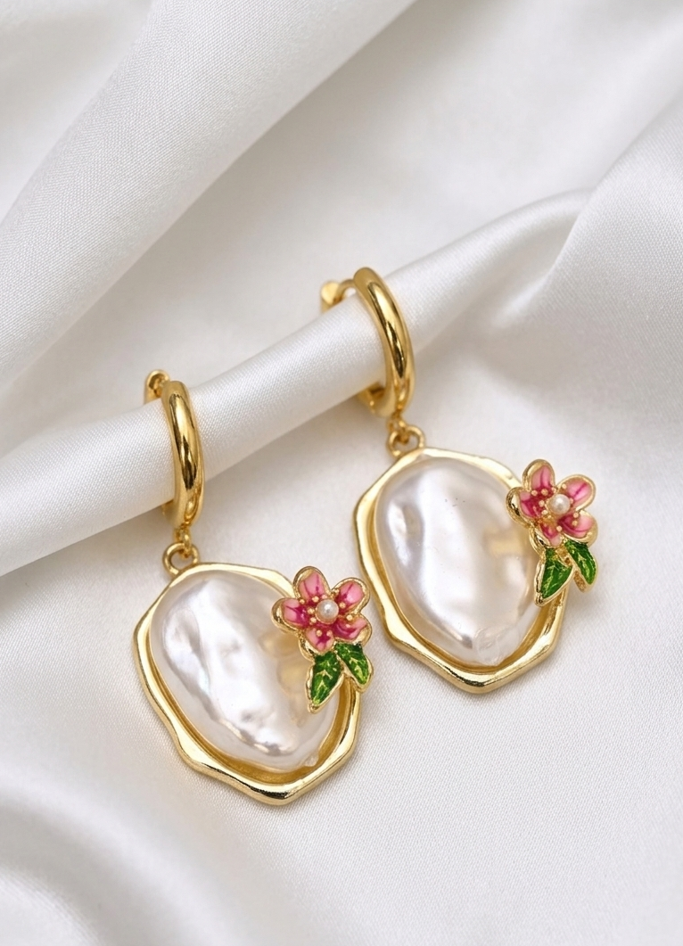 Korean Flower And Pearl Earrings