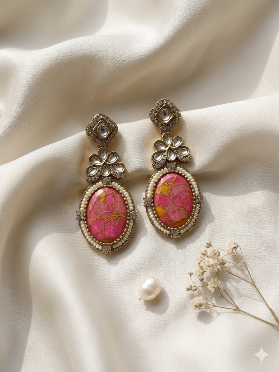 Resin Art Pink Kundan Earrings