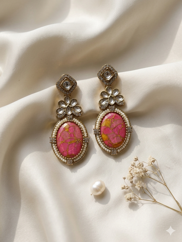 Resin Art Pink Kundan Earrings