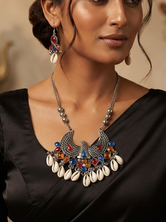 Oxidized Long Necklace with Shell