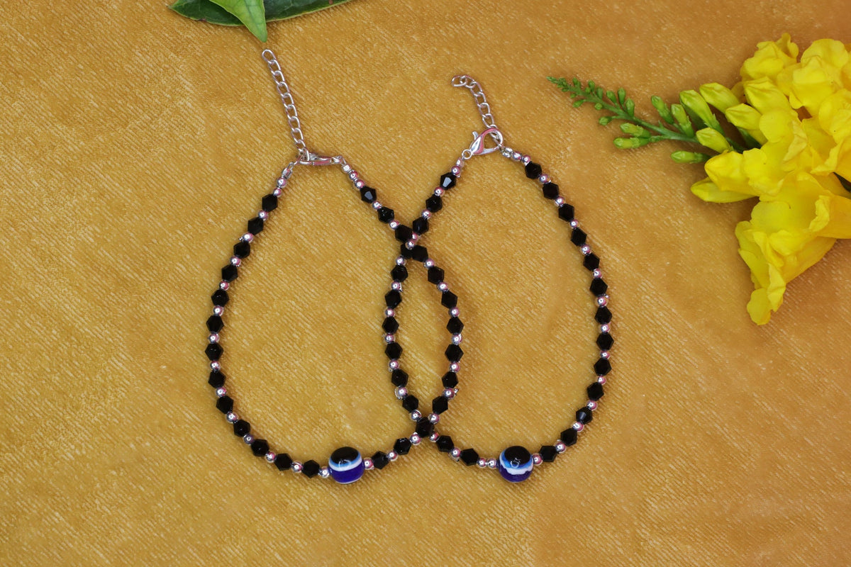 Black Beads Silver Nazariya Anklet