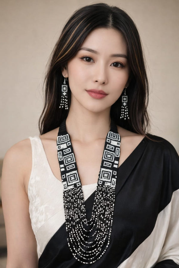 Black-White Beads Necklace Set