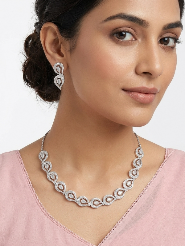 Rhodium Plated Zircon Studded Necklace Set